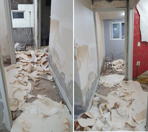 곰팡이가 생기고 떨어진 기존 벽지를 제거하는 작업
